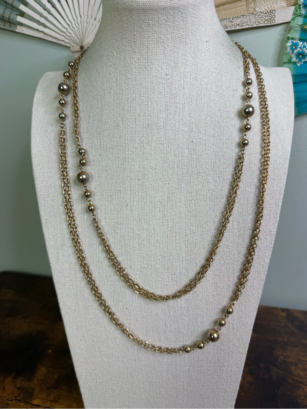 Vintage Gold Tone Chain Link Necklace With Beads Long Flapper 50”